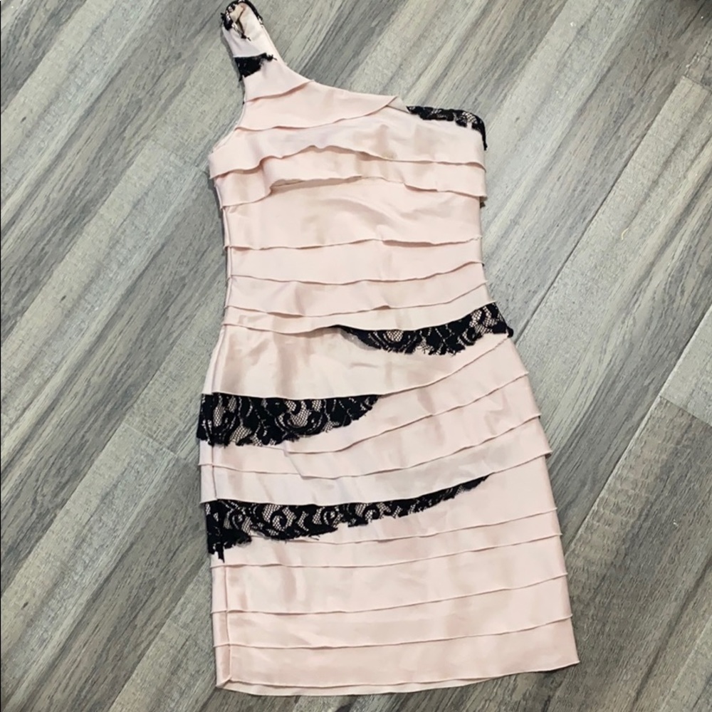 Baby Pink One Shoulder Black Lace Dress